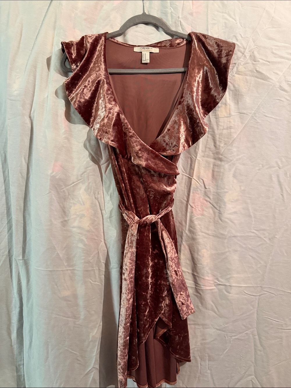 Velvet Wrap Dress with Ruffle V-Neck - Mauve Pink
